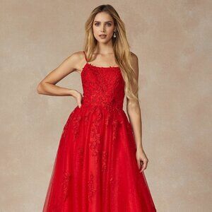 NEW LONG OFF THE SHOULDER A-LINE POLYESTER DRESS EMBROIDERED WITH LACE JT 260